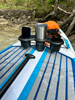 E-Sea Caddy Pro- Multi Cup Suction Mounted Drink Holder-Black- Mounted on E-Sea Disc on top of inflatable paddle board