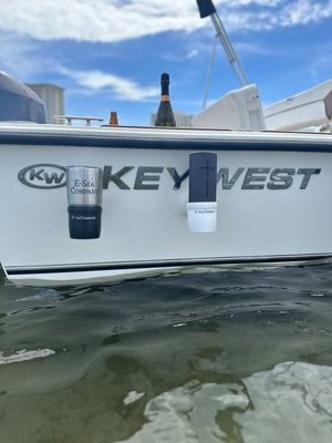 E-Sea Cup Adjustable-Suction Mounted Adjustable Angle Cup Holder-White On Side of boat at sandbar