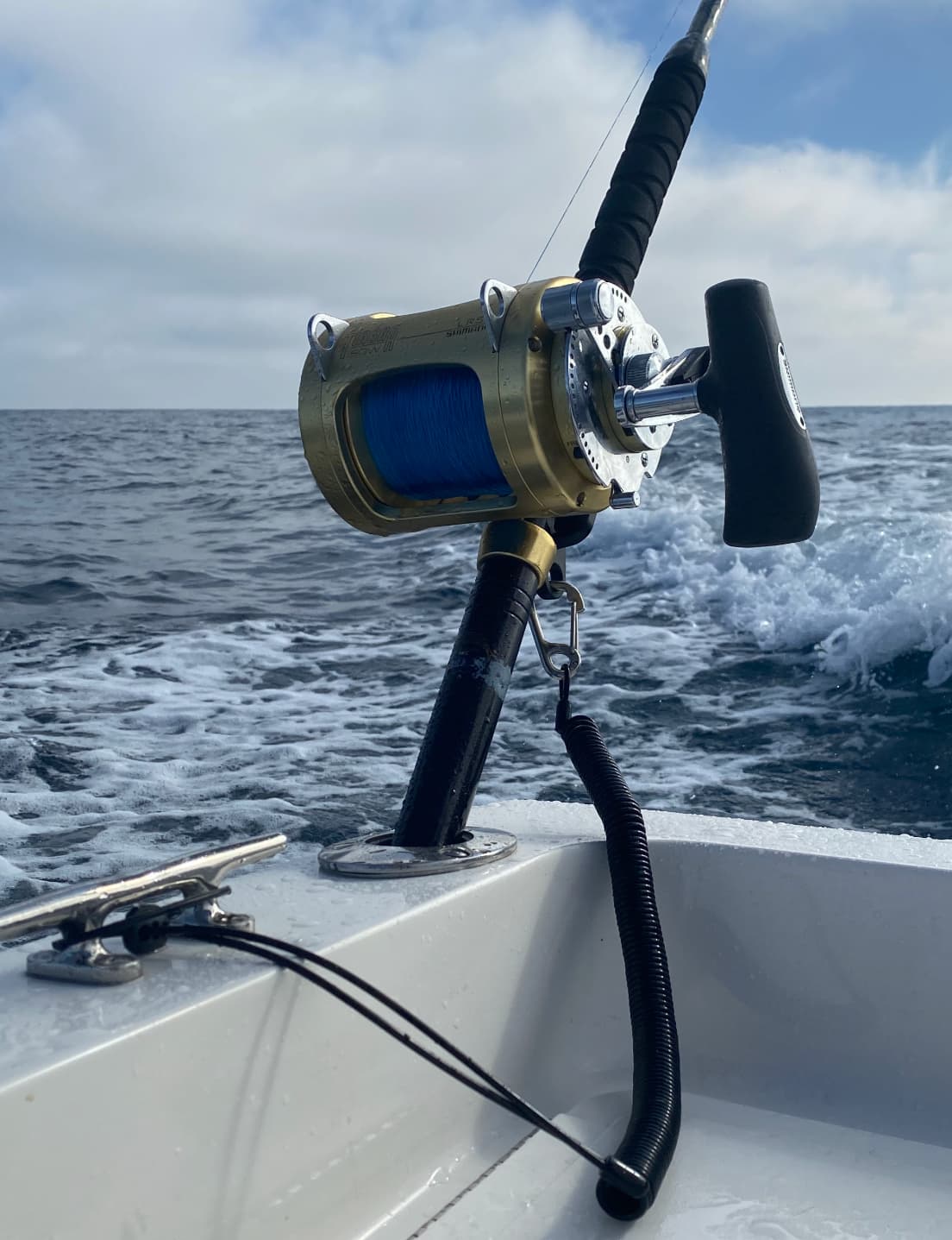 E-Sea Fishing Rod Tether attached to fishing reel and cleat