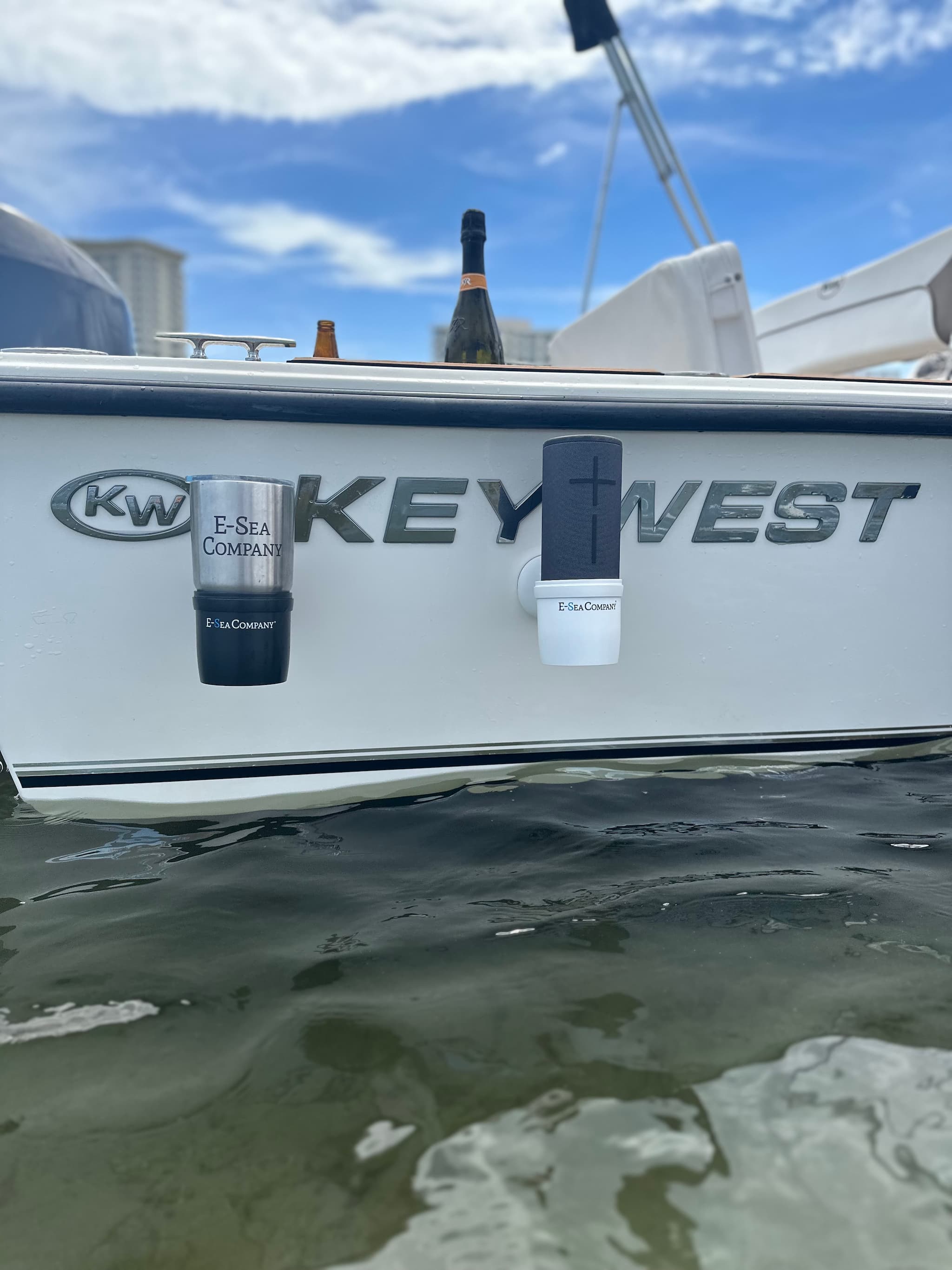 E-Sea Cup Adjustable-Suction Mounted Adjustable Angle Cup Holder-Black On side of boat at the sandbar