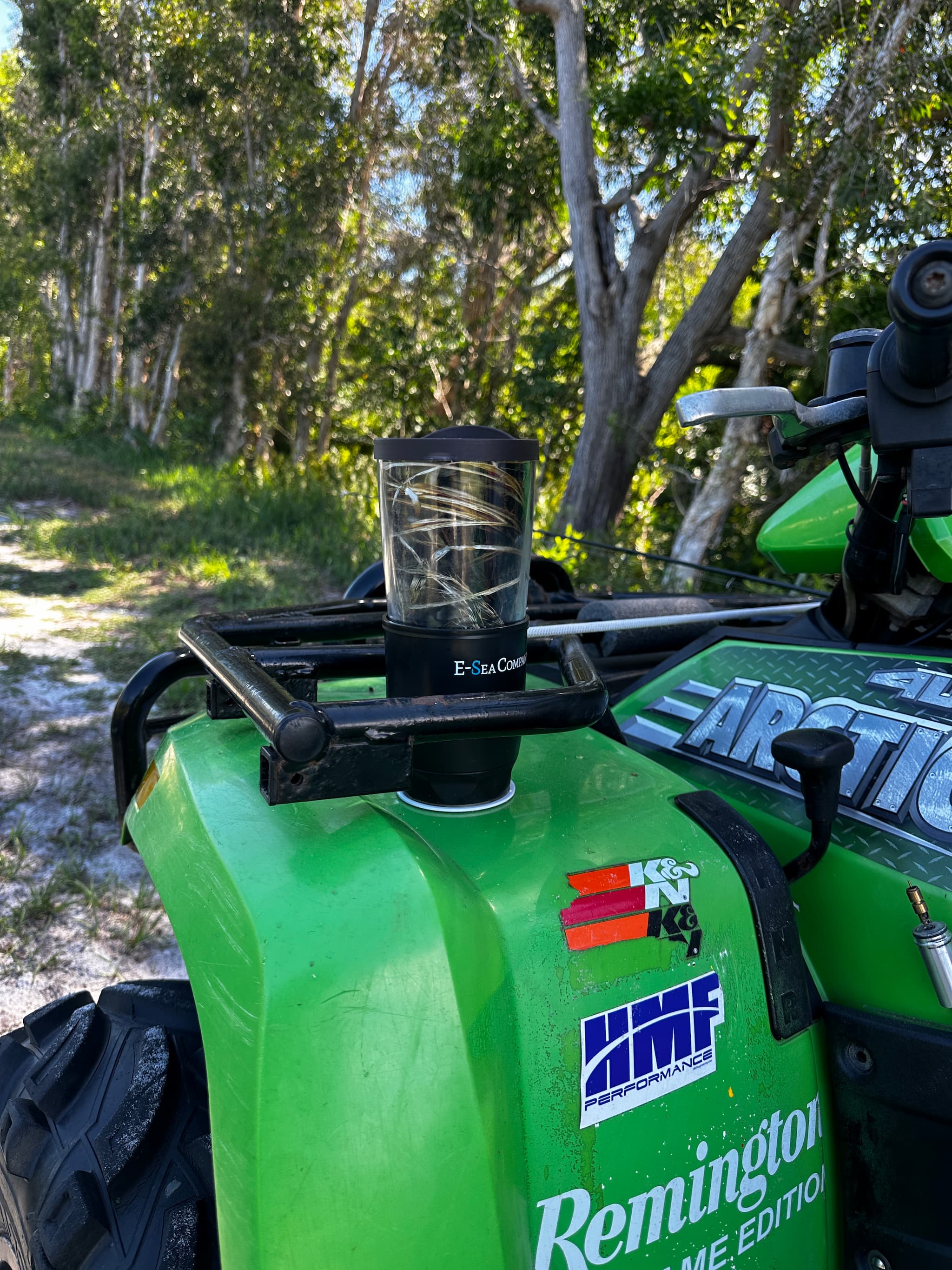 E-Sea Cup drink holder suction mounted to an E-Sea Disc on top of an ATV