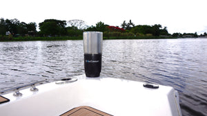 E-Sea Cup Original-Suction Mounted Cup Holder-Black With 30oz Tumbler On Boat Gunnel