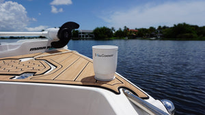 E-Sea Cup Original-Suction Mounted Cup Holder-White Mounted To E-Sea Disc On Bow Of Boat
