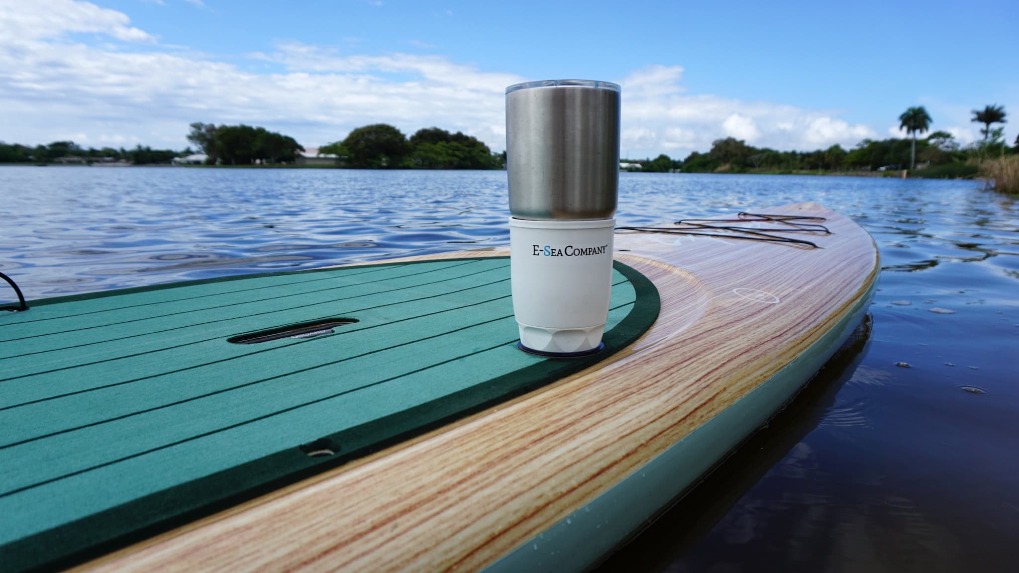 E-Sea Cup Original-Suction Mounted Cup Holder-White With 30oz Tumbler On Paddle Board