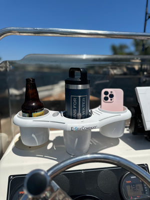 E-Sea Caddy Pro- Multi Cup Suction Mounted Drink Holder-White On Boat Console holding bottle, tumbler and phone