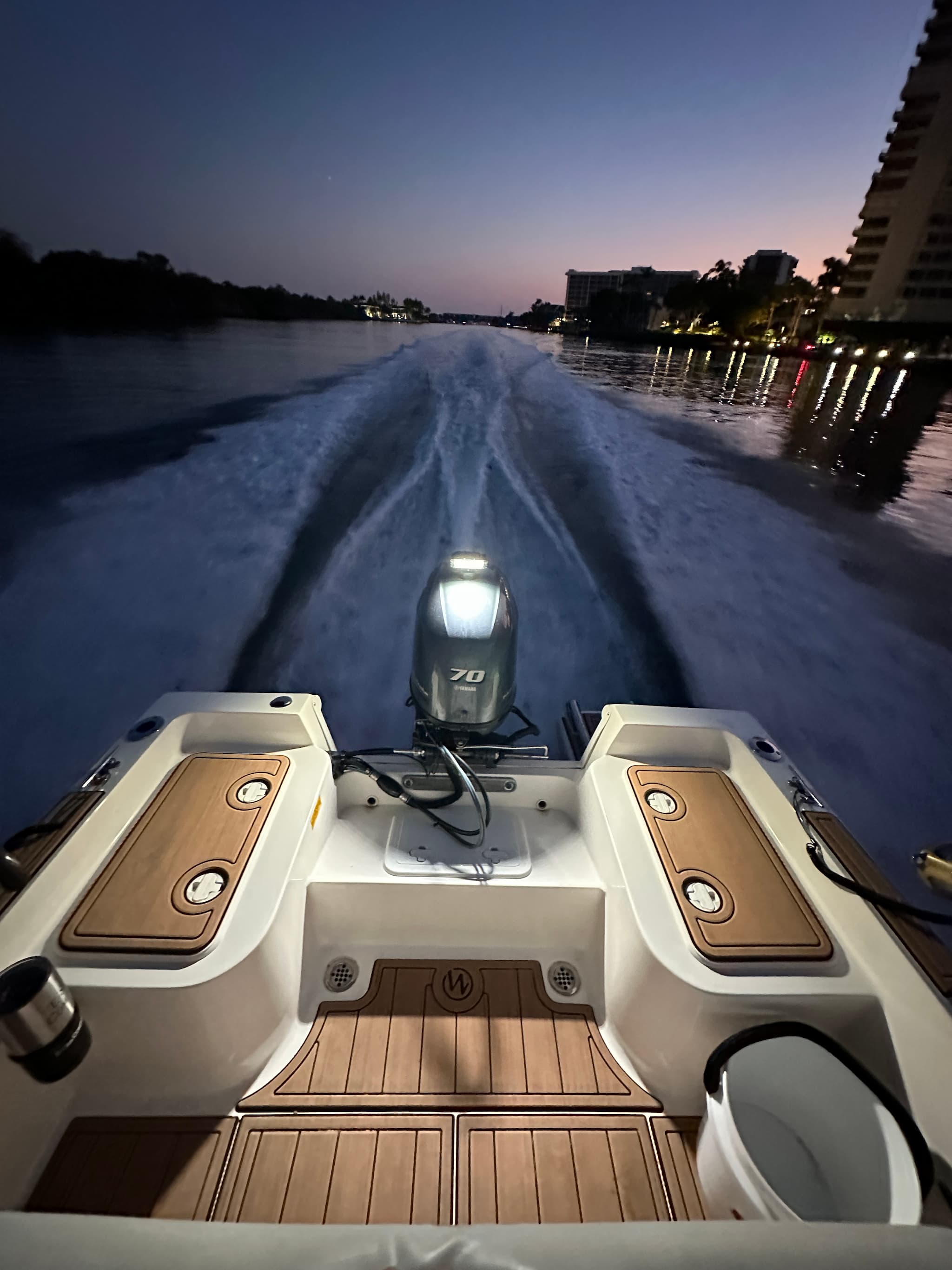 E-Sea Light suction mounted to the top of a boat outboard at dusk lighting up the aft of a boat