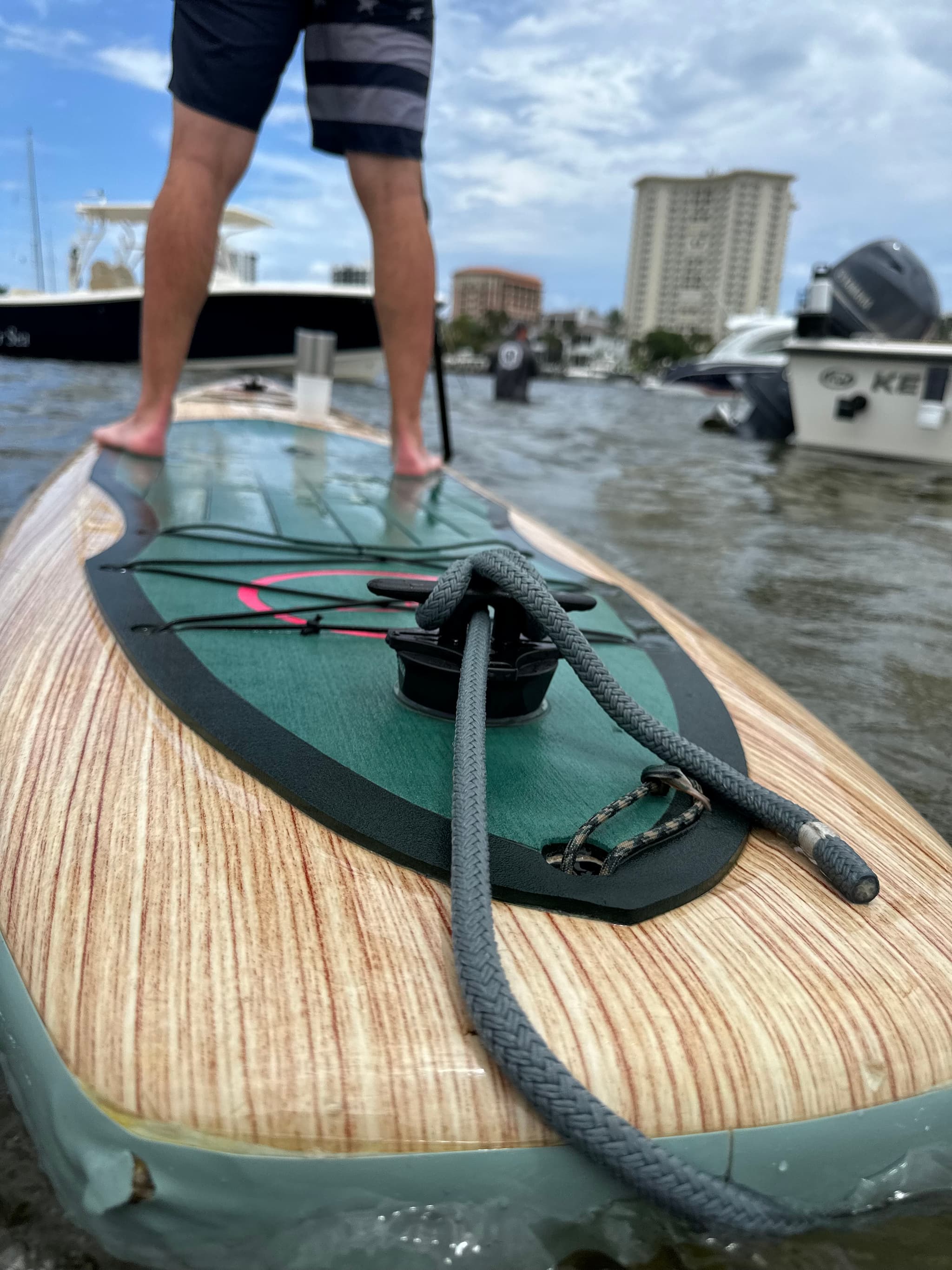 E-Sea Cleat-Suction Mounted Utility Cleat attached to rear of paddle board