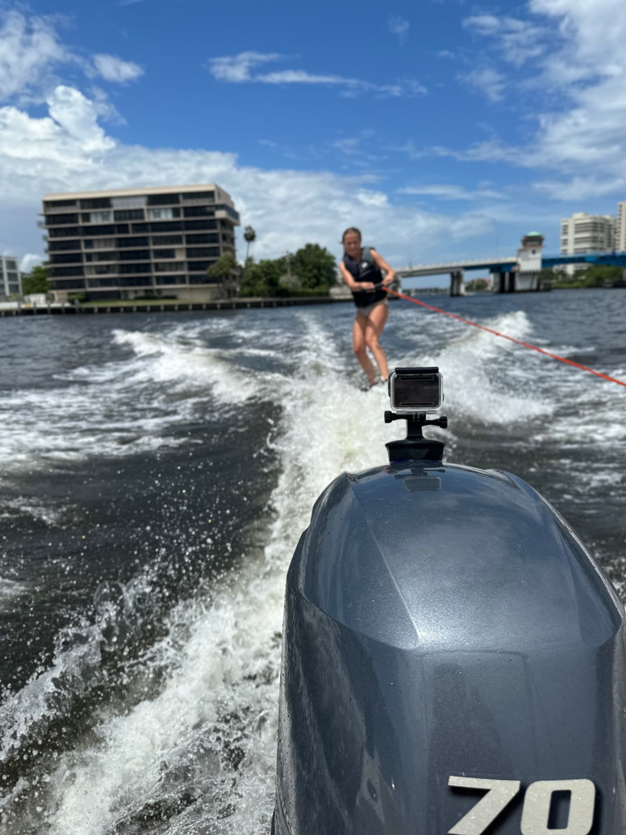 E-Sea Camera Mount holding GoPro mounted on outboard motor