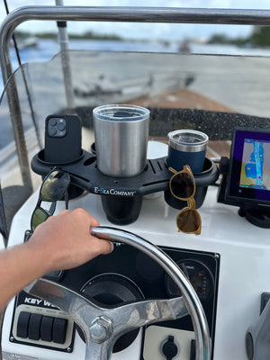 E-Sea Caddy Pro- Multi Cup Suction Mounted Drink Holder-Black On boat console with phone, tumbler and glasses